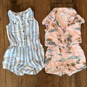 Old Navy Blue Striped and Pink Palm Kids Romper Set 12-18 Months